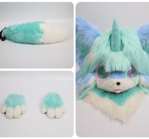 Furry Unicorn Fursuit Partial Set - Head, handpaws & tail